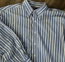 Vintage Polo Ralph Lauren Shirt Men 17-34 Blue Striped 100 Cotton Button Up