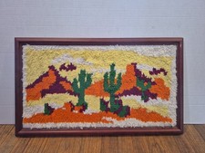 VTG 70s Latch Hook Rug Southwestern Cowboy Cactus Framed 27.5" X 16"