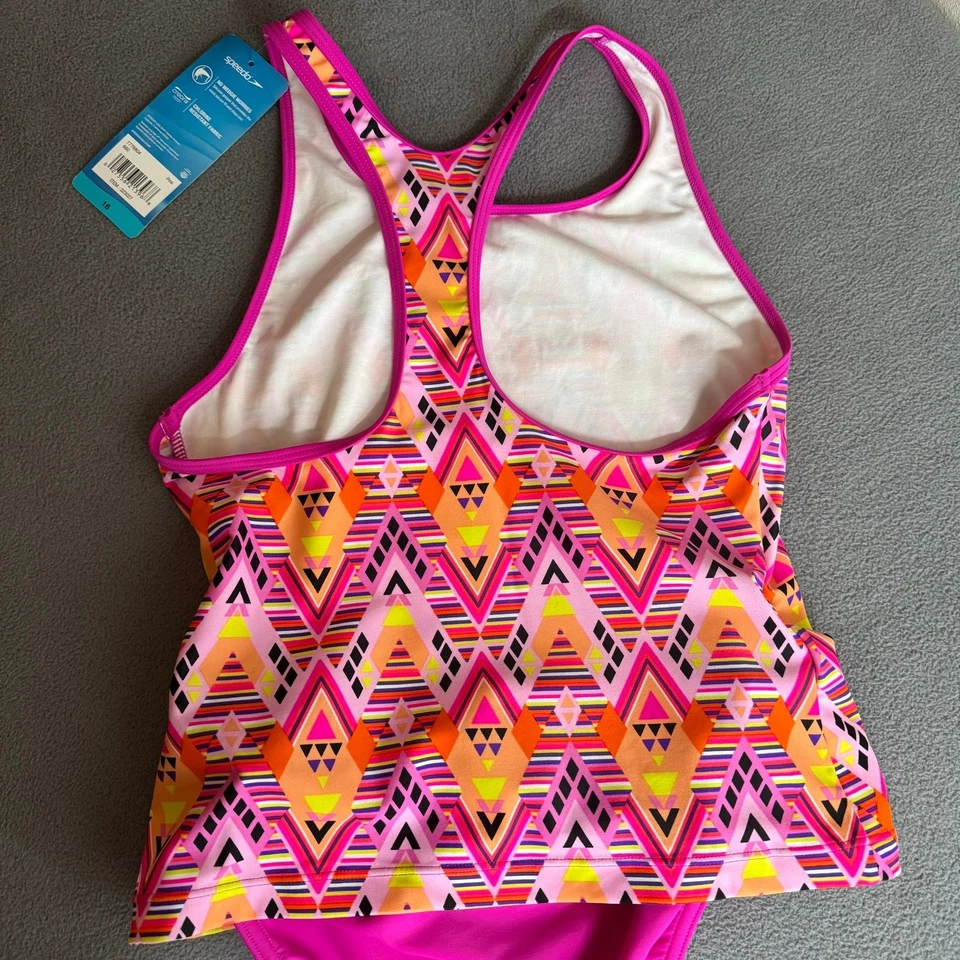 Speedo Racerback Tankini 2 Piece Swim Suit Girls 16 Pink Orange 7776804 - Image 4 of 4