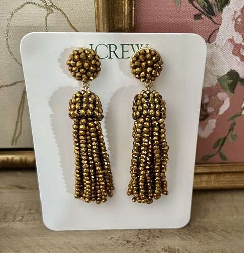 J Crew Burnished Gold Faceted Glass Beaded Tassel Drop Statement Earrings NWT - Picture 4 of 14