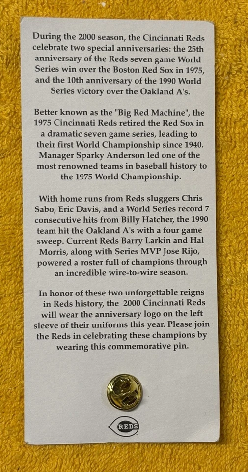 CINCINNATI REDS SGA COMMEMORATIVE PIN-1975 & 1990 CHAMPIONSHIP 25TH ANNIVERSARY - Image 3 of 3