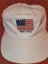 Vintage Polo Ralph Lauren Hat Cap Mens Strap Back WhitAmerican Flag USA.