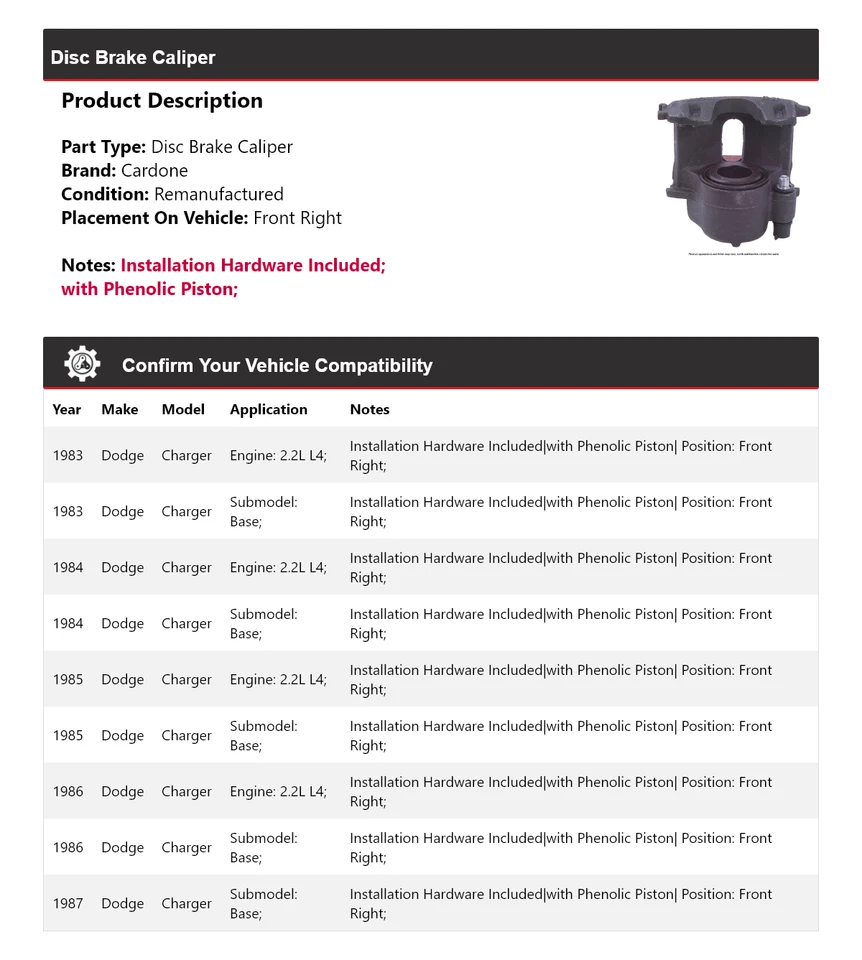Pinza de freno de disco delantera derecha Cardone 1984 1985 para Dodge Charger 1983-1987 Foto 2 de 4