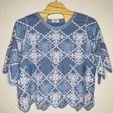 Kindred Anthropologie Embroidered Womens Blouse Top Blue Cropped Size 2x