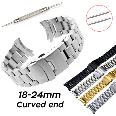 Curved Ends 22mm Watch Band Solid Stainless Steel Strap 18 20 24mm Secure Buckle