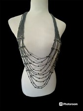 Vintage Jet Beaded Layered Long Statement Necklace, 10 Strand, Gold Accents 