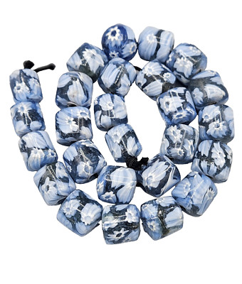 Blue & White Millefiori Glass Bead Strand - Flower Pattern 26pc DIY Jewelry