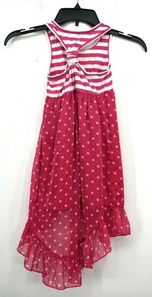 Dollhouse Girls Pink Hi Lo Hem Dress Polka Dot Striped Racerback Cotton 4 - Image 2 of 4