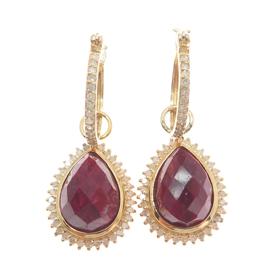925 Sterling Silver Gold Plated SMK Real Diamond & Ruby Gem Hoop Dangle Earrings - Image 4 of 4