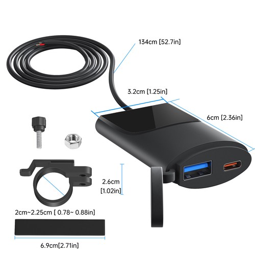 Motorcycle Handlebar USB Charger Adapter PD QC3.0 USB A + Type C Fast Charger - Picture 10 of 22