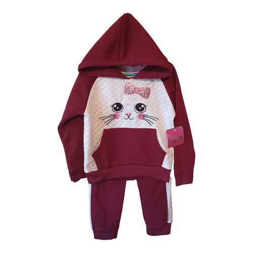 Real Love Girls Quilted Cat Face Pullover Hoodie Jogger Set-4-Burgundy-White
