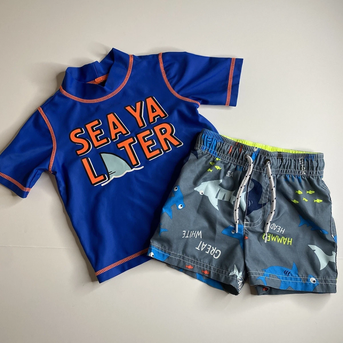 Carters Boys Swim Suit Gray Sharks Shorts Blue Rash Guard Shirt