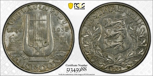 ESTONIA 1933 Kroon 10th Singing Festival PCGS MS63