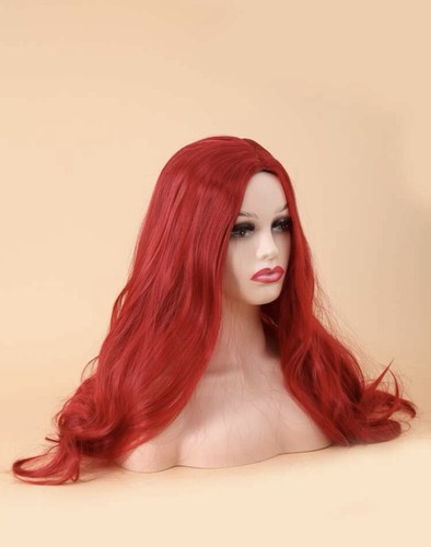 Perruque Longue Synthétique Bouclée Rouge Avec Frange - Bonnet Moyen OFFERT, Raie Libre