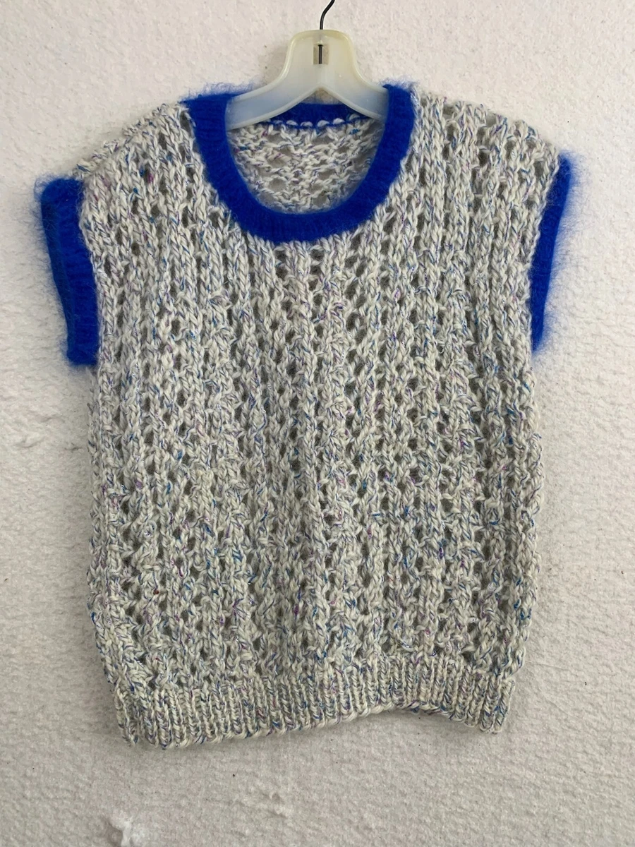 Blue Ivory Crochet Knit Sweater Vest Blue Faux Fur Trim See