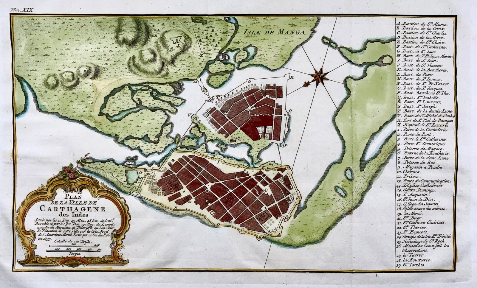 1754 Cartagena en Colombia, América del Sur mapa coloreado a mano