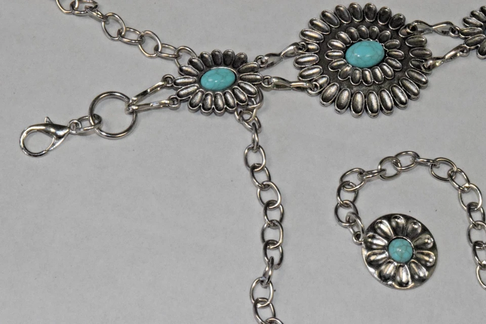 Vintage Southwestern Concho Chain Belt 90s Oval Turquoise Metal 48 Inches Long - Image 2 of 4