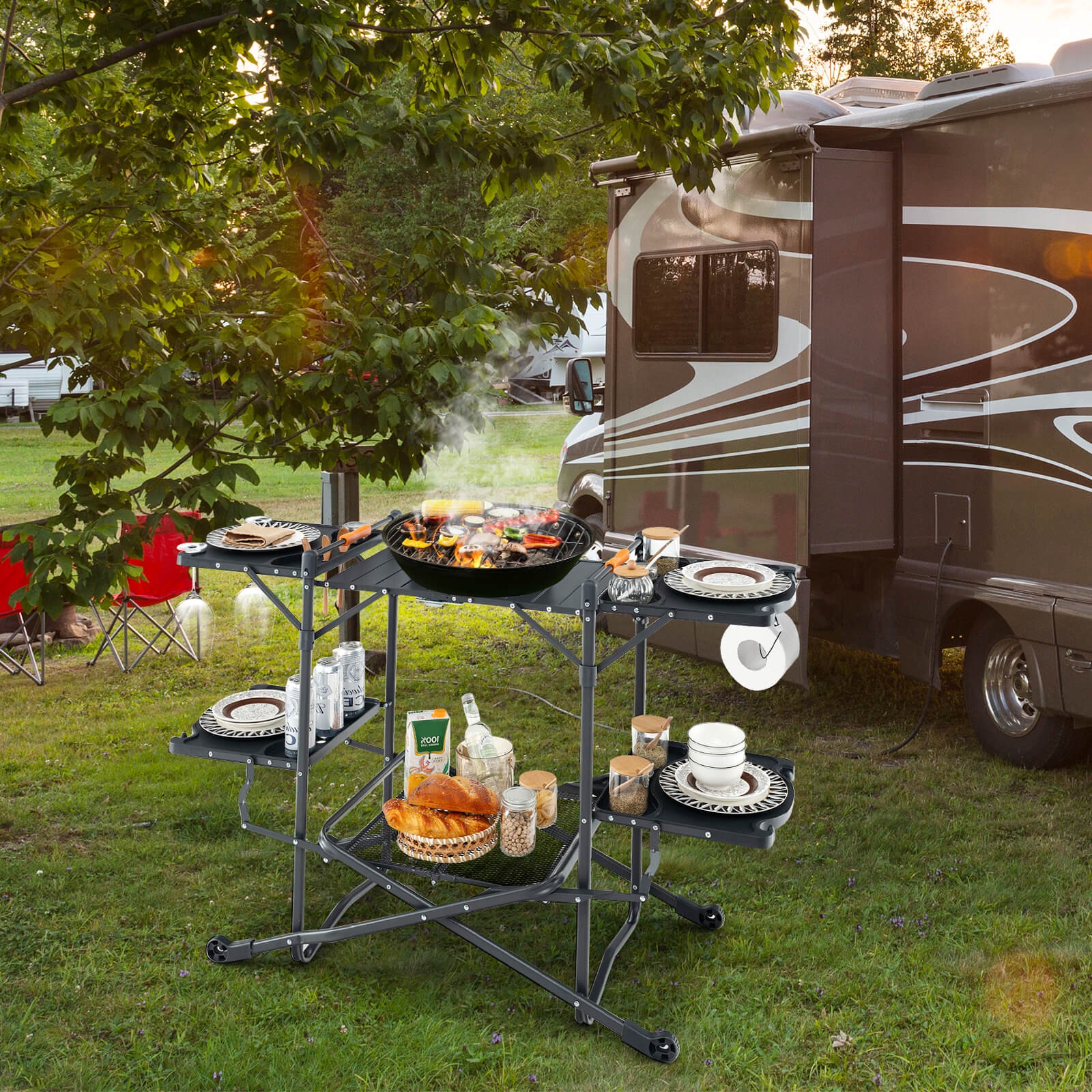 Camping Kitchen Table Folding Portable Outdoor Cook Station w/ 4 Side Tables