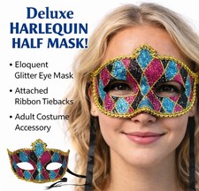 Deluxe HARLEQUIN HALF MASK Clown Mime Jester Queen Glitter Joker Domino Eye NEW