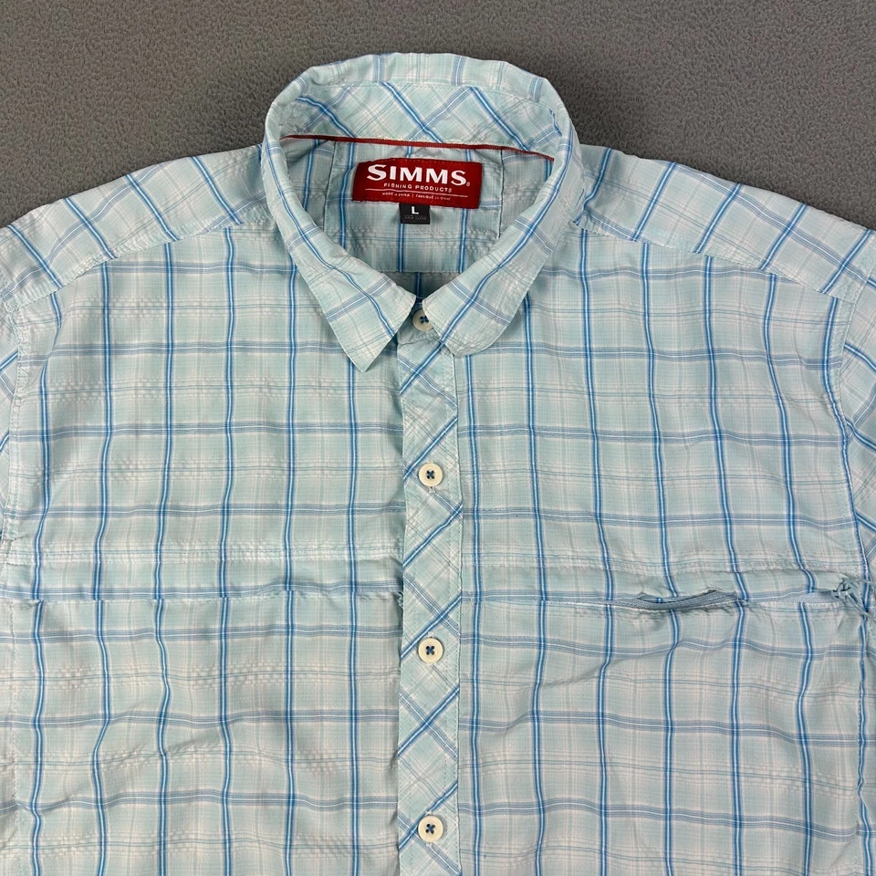 Simms Fishing Shirt Men’s Large Blue Plaid UPF Short Sleeve Beach Pockets - Image 2 of 4