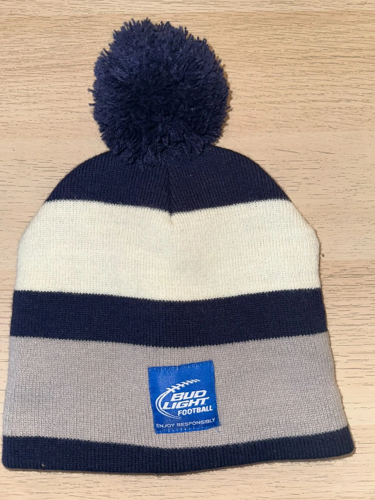 Bud Light Football Beanie – Pom Knit Hat – Navy/Cream/Gray – 12"x7.5"