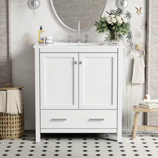 30 In. W Freestanding Single Sink Solid Wood Frame Bath Vanity in White with Whi