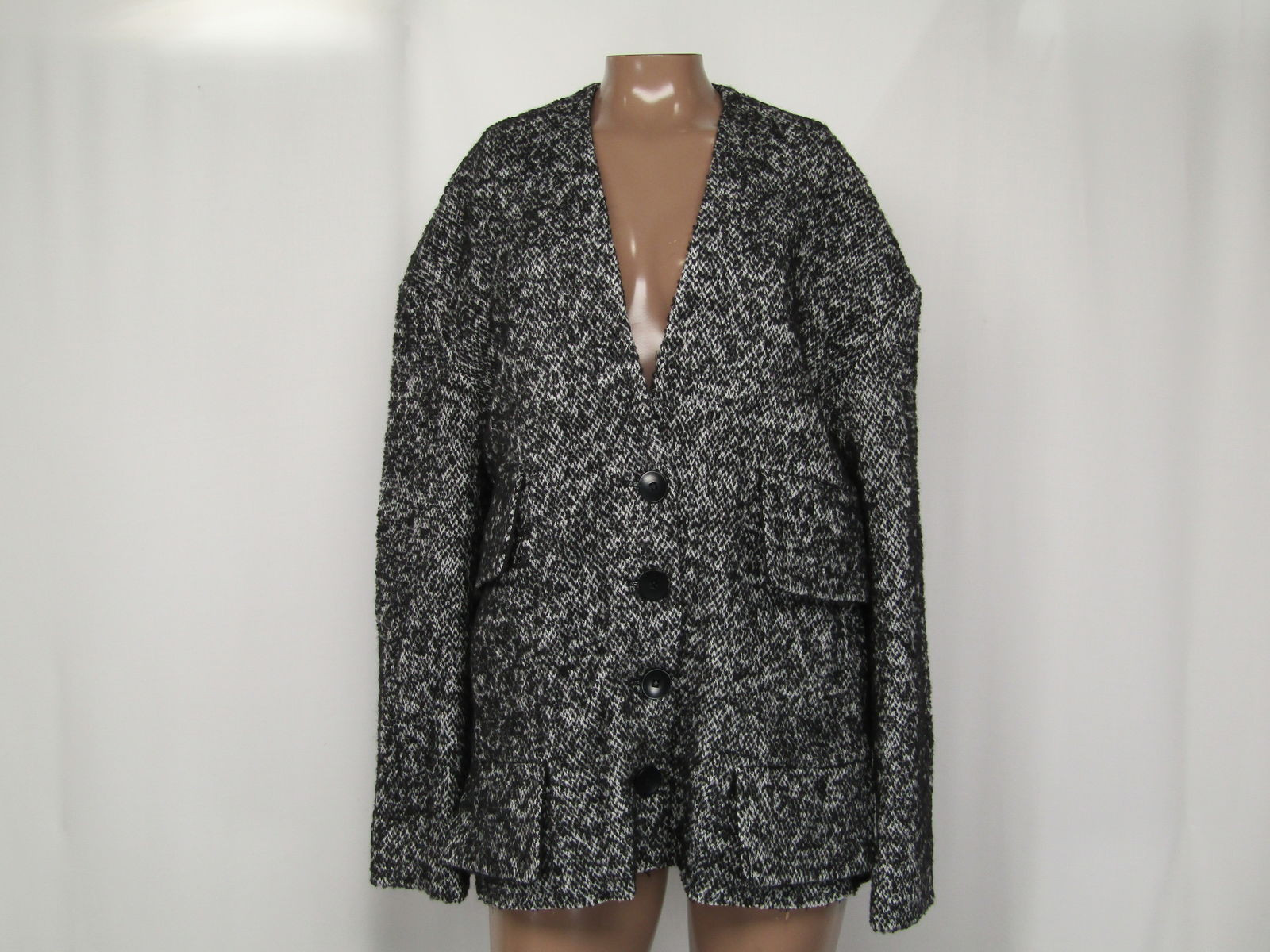 Tibi Women's Black Boucle Tweed V-Neck Button Up Cardigan Coat Size M
