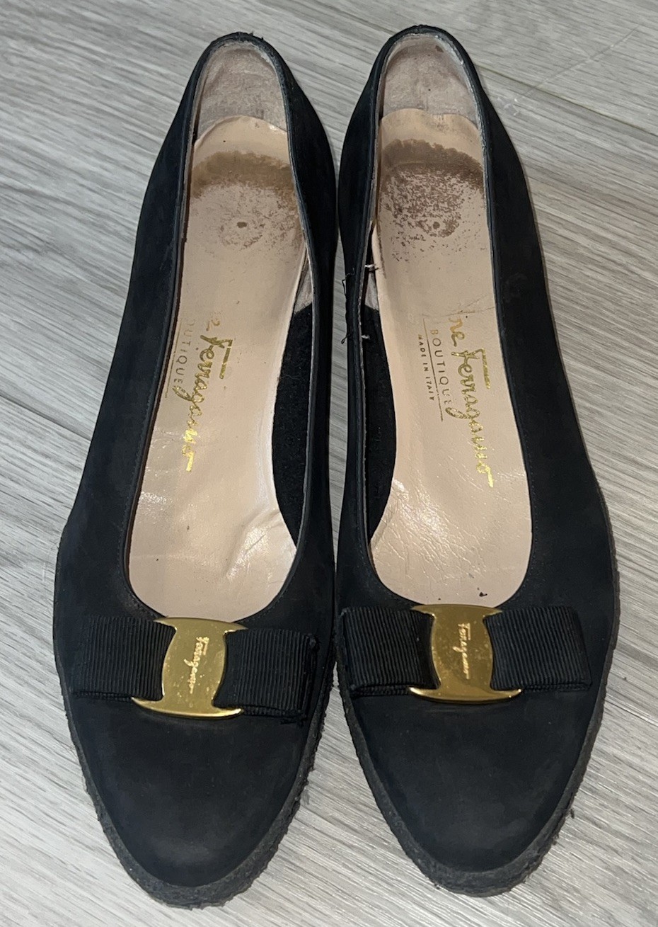 VTG Ferragamo Vara Bow Women's Flat Ballet Shoes Black Suede Size 8 B