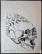 VINTAGE Traditional 1986 Dennis D.E Dwyer Tattoo Flash Sheet Shop Used Skull