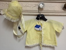 Vintage Baby Girls Yellow Jacket Matching Bonnet Lined Tie 0/6M