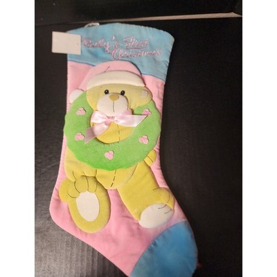 Babys First Christmas Stocking Pink Blue Teddy Bear Plush Holiday Flaw See Pic