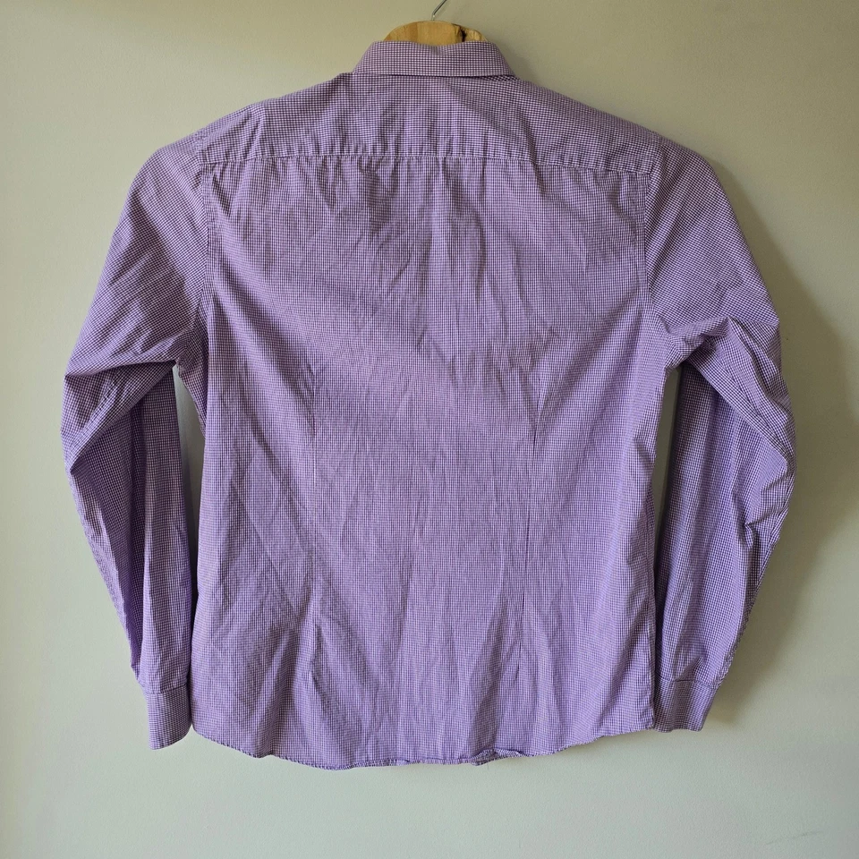 Camisa de vestir BEN SHERMAN a medida ajustada de guinga púrpura blanca para hombre talla 17 Foto 3 de 4