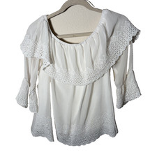 Maurices Blouse Women's Medium Ivory Round Neck Lace 3/4 Sleeve Off The Shoulder