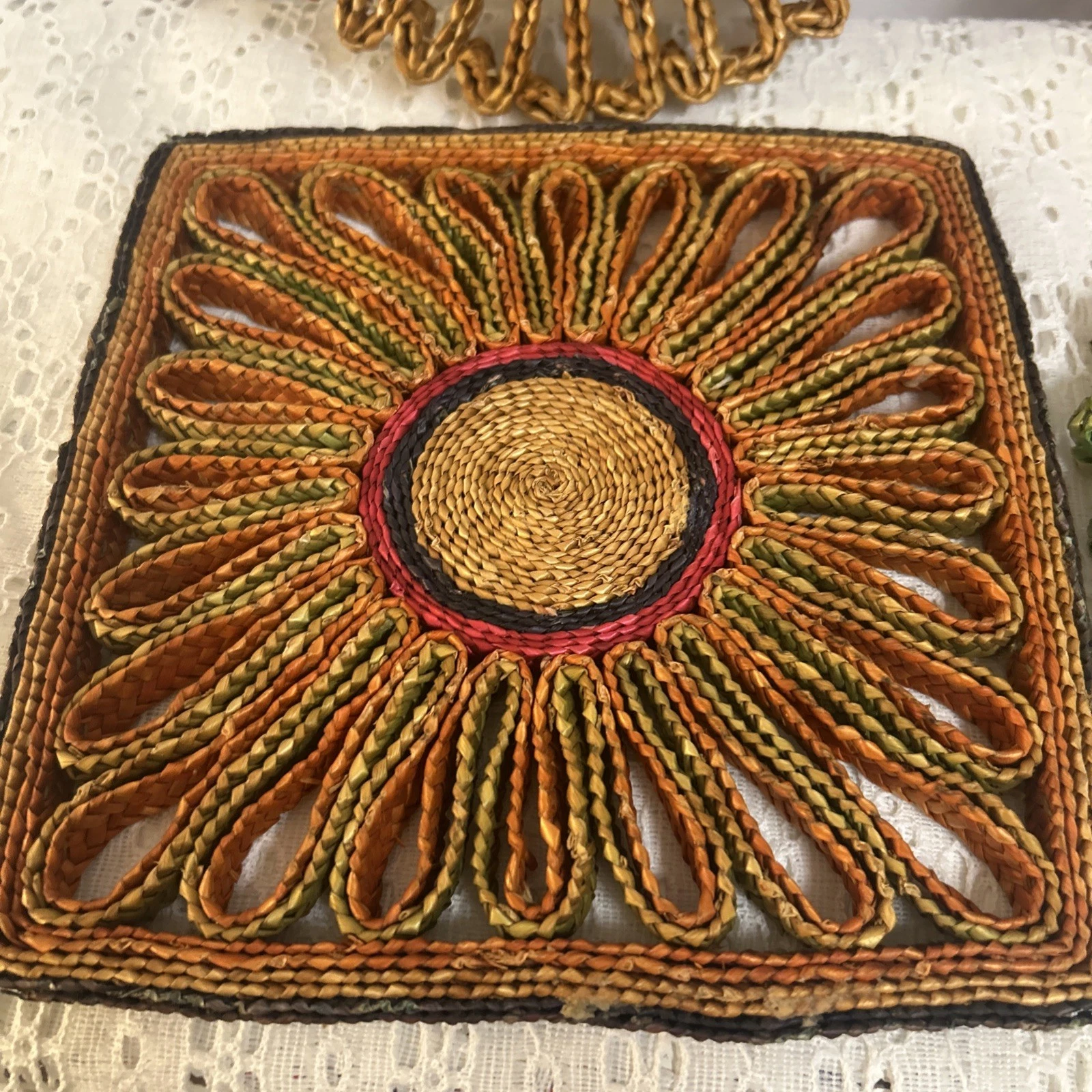 Vintage Hand Woven Straw Colorful Hot Pads Trivets Set Of 4 MCM 1970s Boho Retro image 11