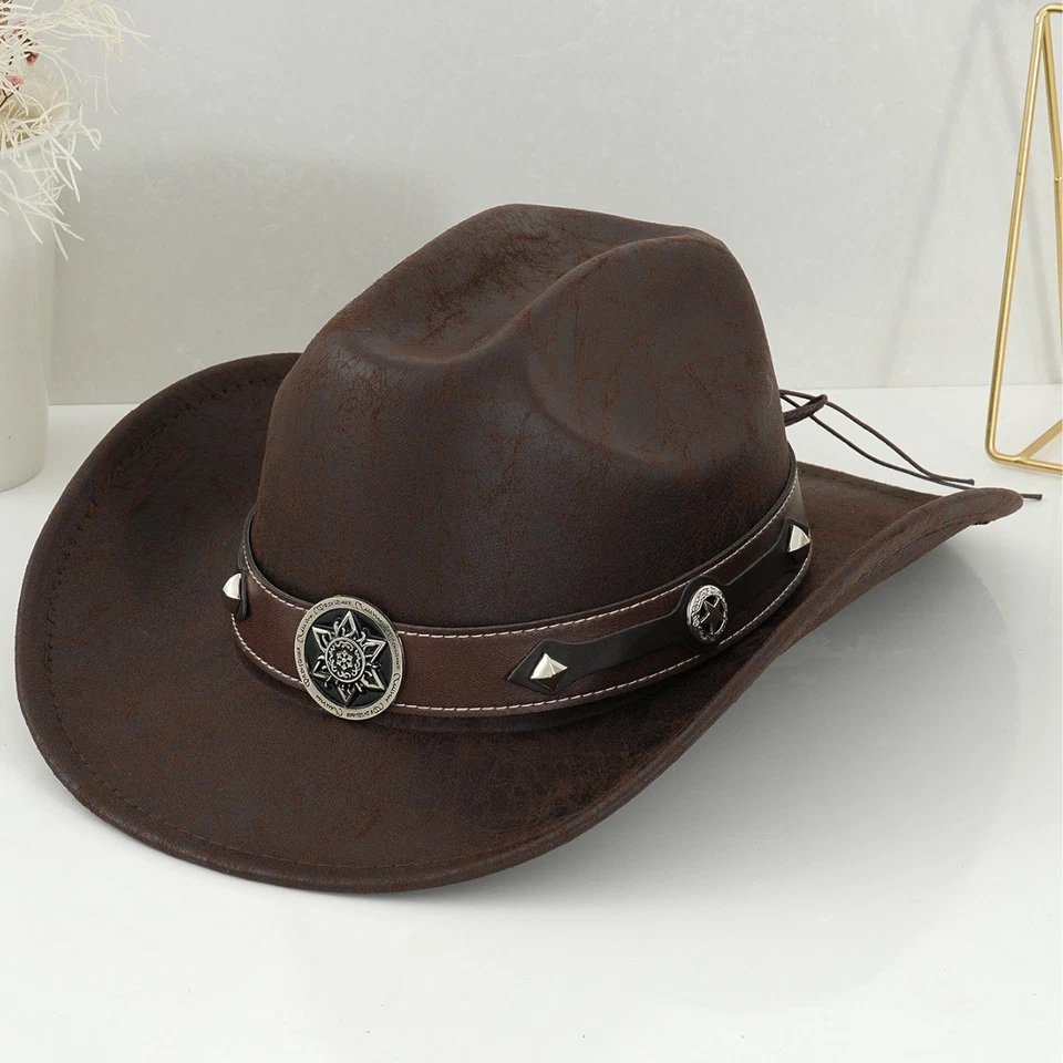 Western Cowboy Hat Metal Copper Coin Braided Rope Sapphire Sun Accessories - Image 4 of 4