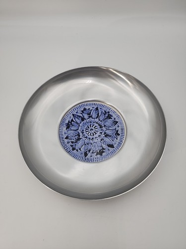 Vintage BW Buenilum MCM blue and white aluminum tile bowl / tray made in the USA