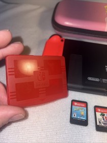 Nintendo Switch HAC-001 Neon Red/Blue JoyCons W/ Peach Case And 4 Games. EUC