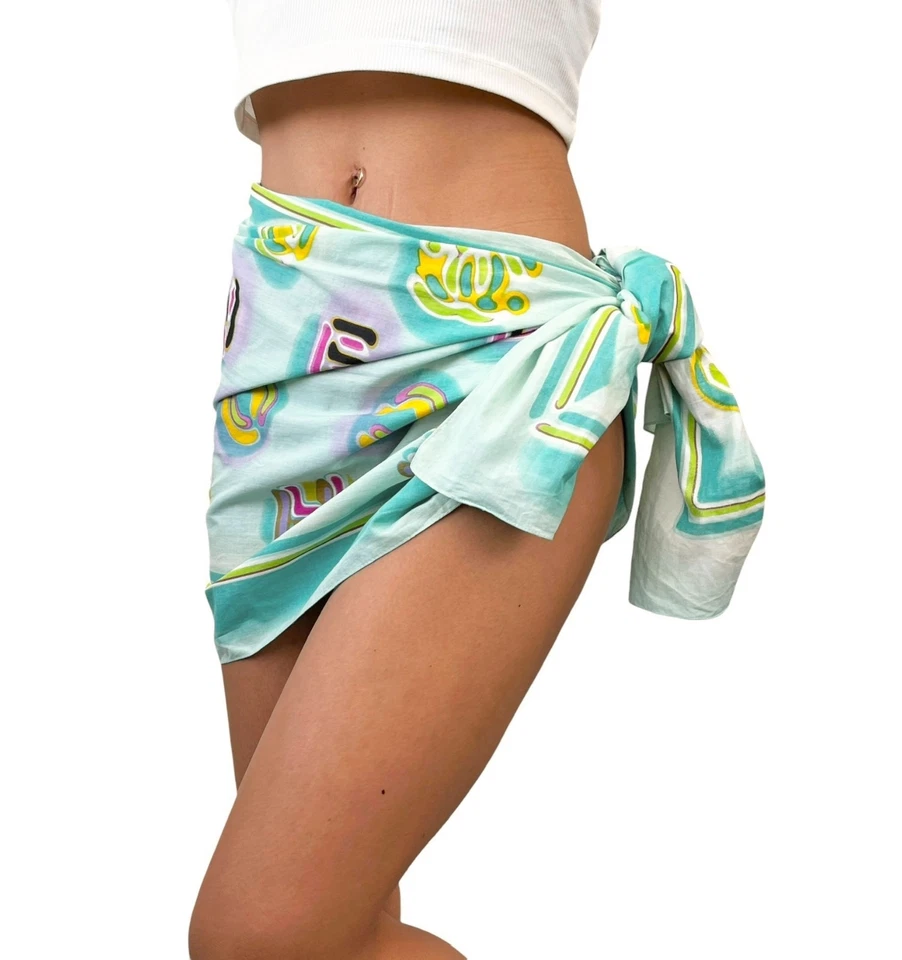 CHANEL Vintage Marca CC Logo Bufanda Envoltura Verde Menta Multicolor Algodón Accesorio Foto 3 de 4