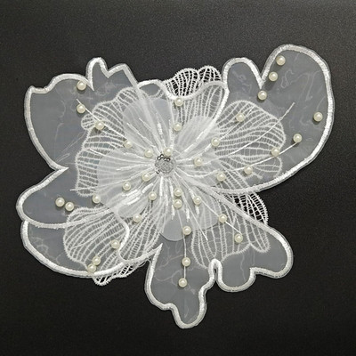 Flower Lace Embroidered Applique,2Pcs Pearl Embroidered Flower Patches for Brida