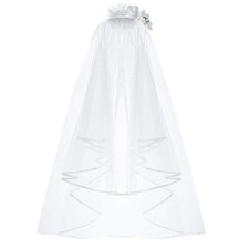 First Communion Veil with White Floral Headband Girls Religious Ceremony Acce...