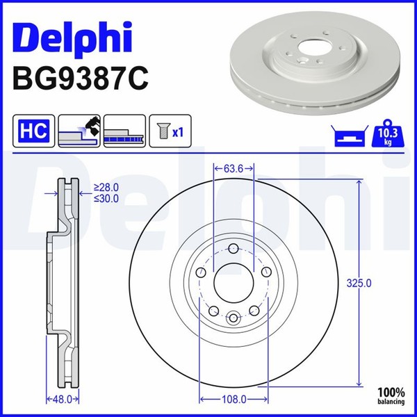 2X Bremsscheibe Delphi BG9387C FüR Landrover Range Rover Velar L560 D180 TD4 4X4-image
