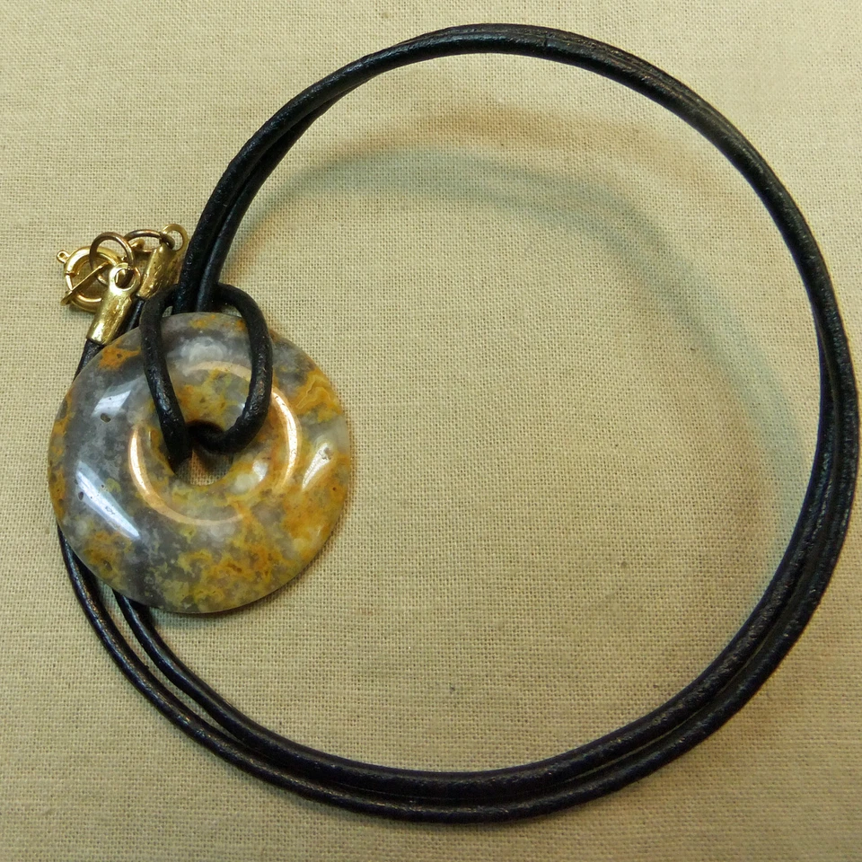 Collar de cordón de cuero gris, naranja, crema ágata 1 3/16" donut piedra 18" nuevo #46 Foto 4 de 4