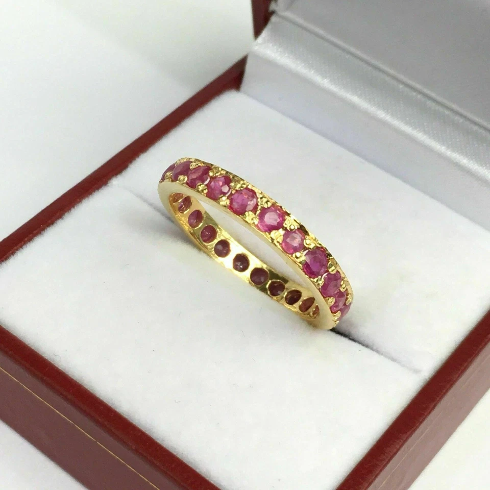 Genuine Red Ruby 2Ct Round Cut Full Eternity Wedding Band 14K Yellow Gold Plated - Image 3 of 4