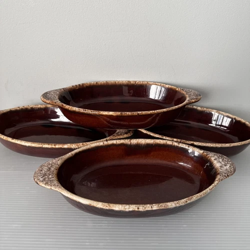 Hull Pottery Brown Drip Oval Au Gratin Casserole Dish, Oven Safe. Set Of 4.