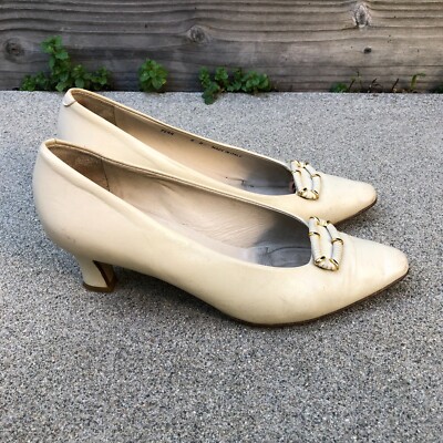 BALLY Italy Leather Heels Shoes Women's M Designer Beige Slip On Short  Heel