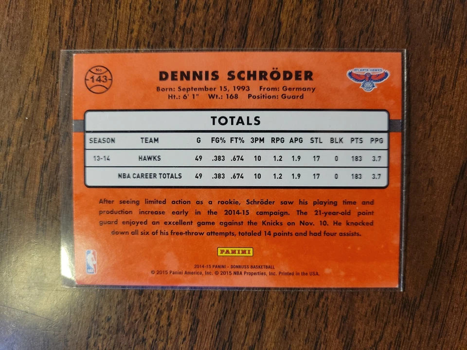 2014-15 Panini Donruss Base #143 Dennis Schroder Atlanta Hawks - Image 2 of 2