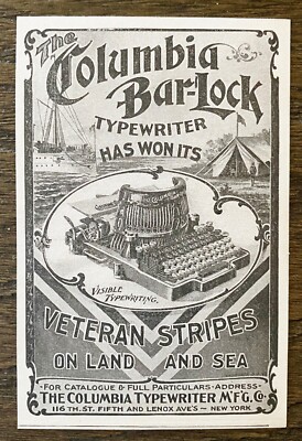 Veteran Stripes Antique COLUMBIA BAR-LOCK VISIBLE TYPEWRITER Vtg 1898 Print Ad