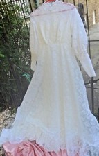 Vintage Wedding Dress White Lace Overlay Lined Puff Sleeve Long Train 10
