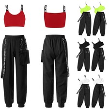 Kids Girls Crop Top With Pants Elastic Waistband Sports Suit Pocket Stylish Gym