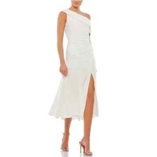 Ieena for Mac Duggal Midi Dress Size 12 White Ruched Off The Shoulder Wedding